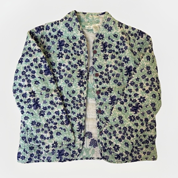 la cera Jackets & Blazers - Vintage La Cera Quilted Floral Jacket Teal Blue Cotton Size M